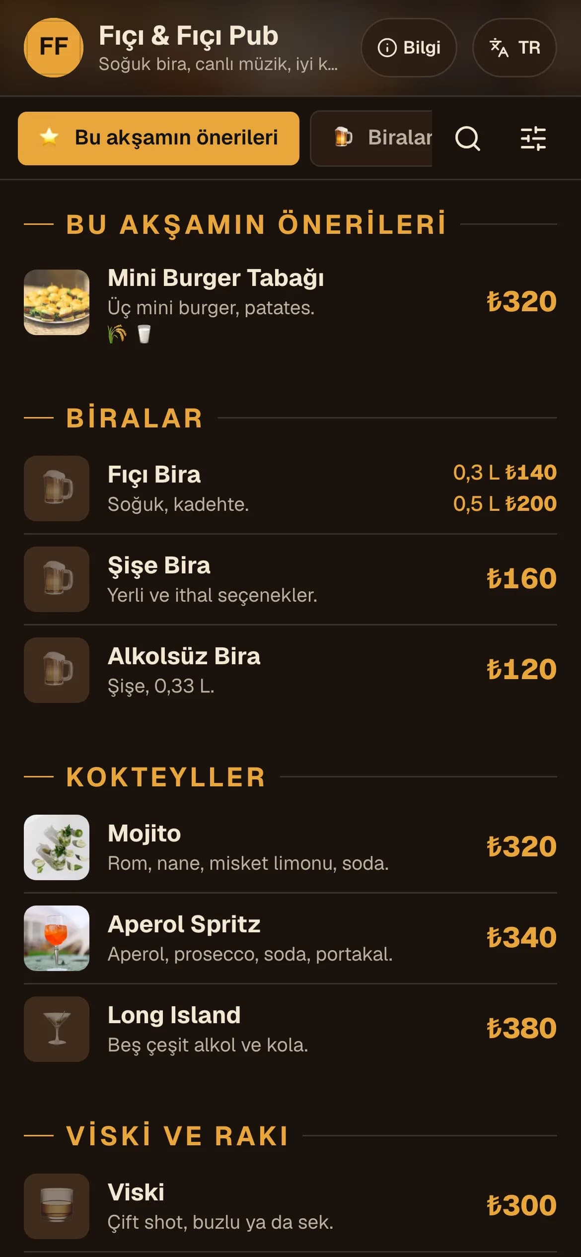 Bar ve Pub temasıyla örnek QR menü ekranı