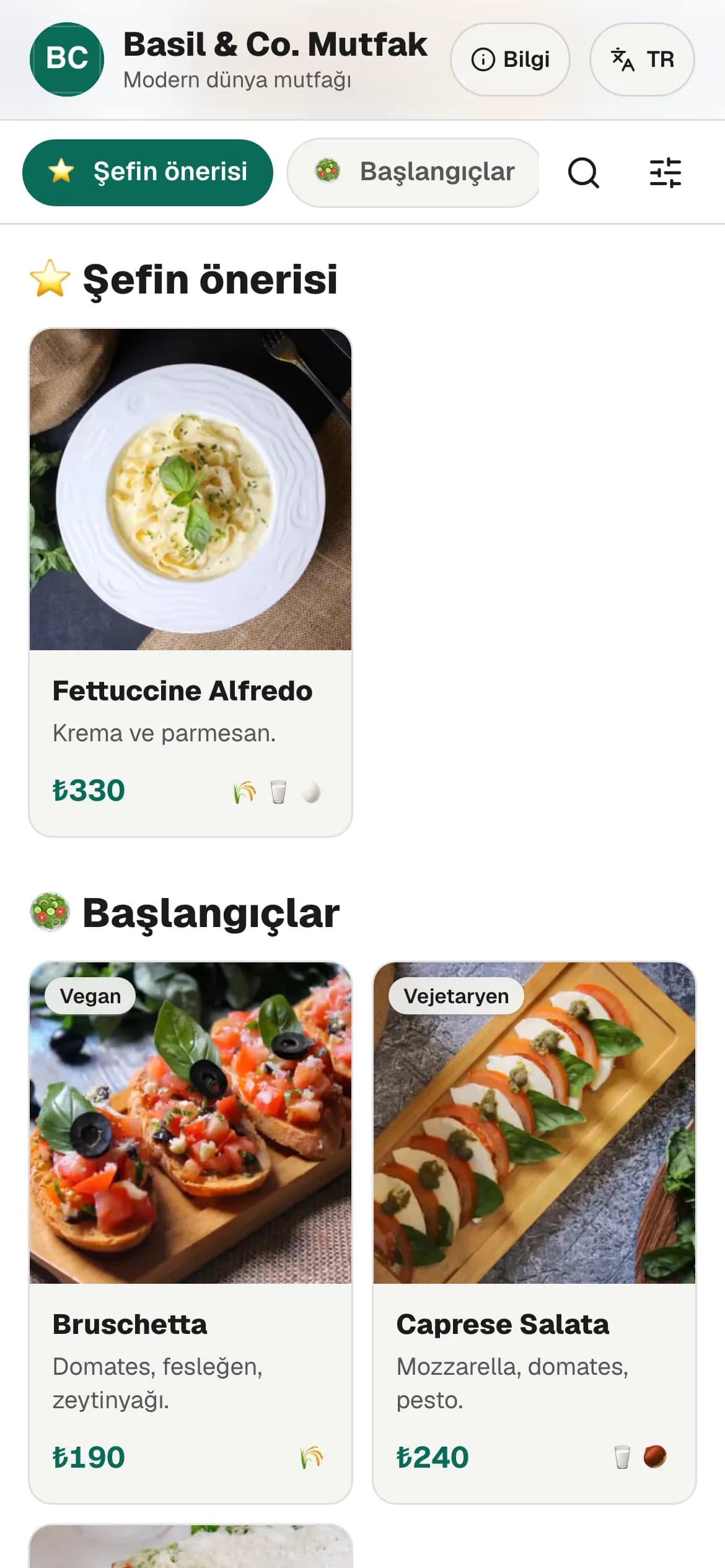 Dünya Mutfağı temasıyla örnek QR menü ekranı