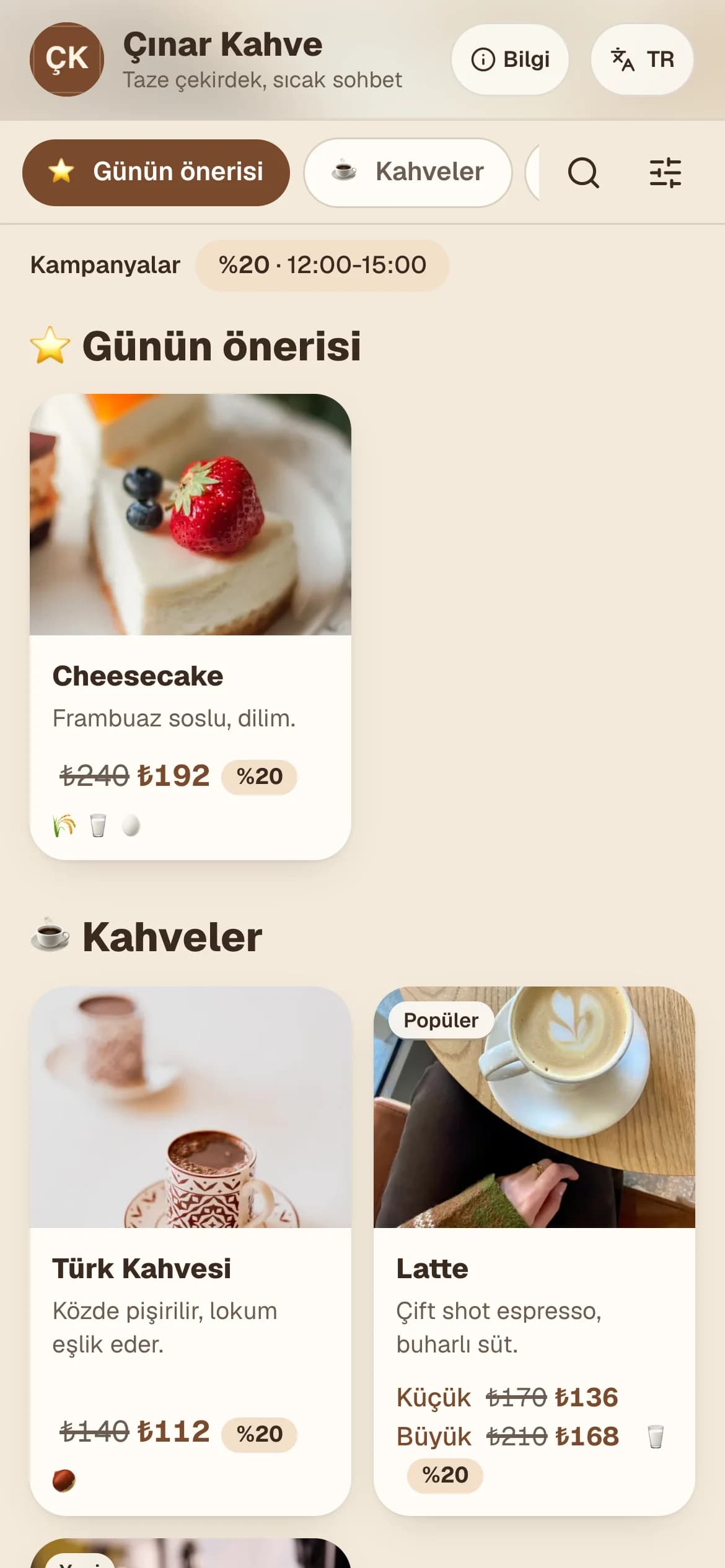 Kafe temasıyla örnek QR menü ekranı: günün önerisi ve kahve kartları