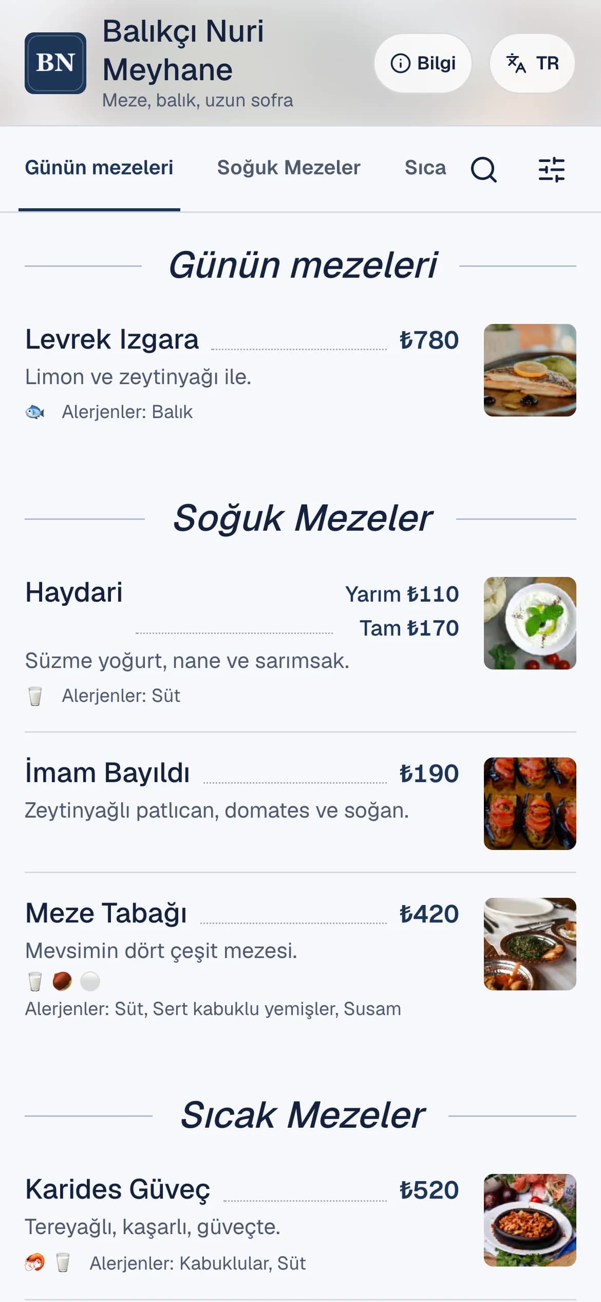 Meyhane temasıyla örnek QR menü ekranı