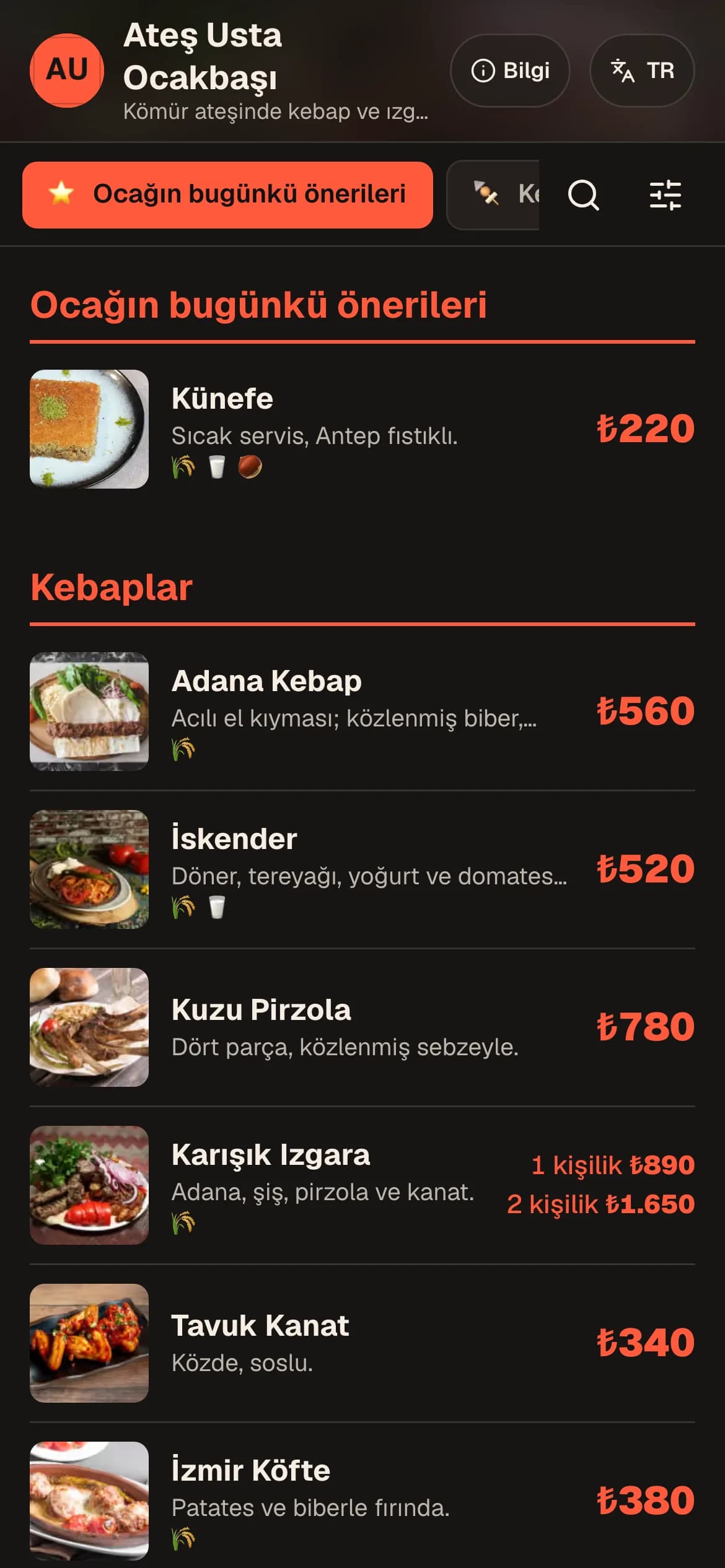 Ocakbaşı ve Kebapçı temasıyla örnek QR menü ekranı