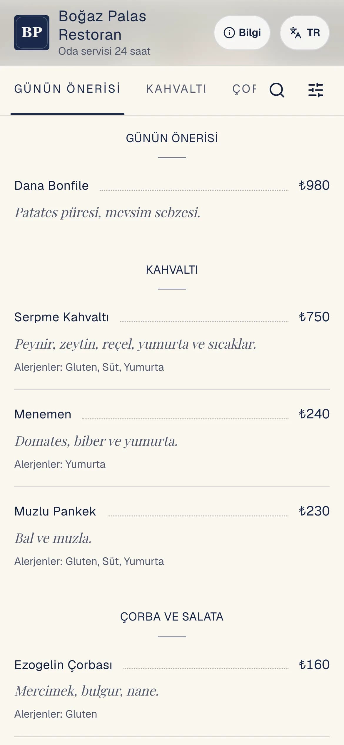 Otel Restoranı temasıyla örnek QR menü ekranı