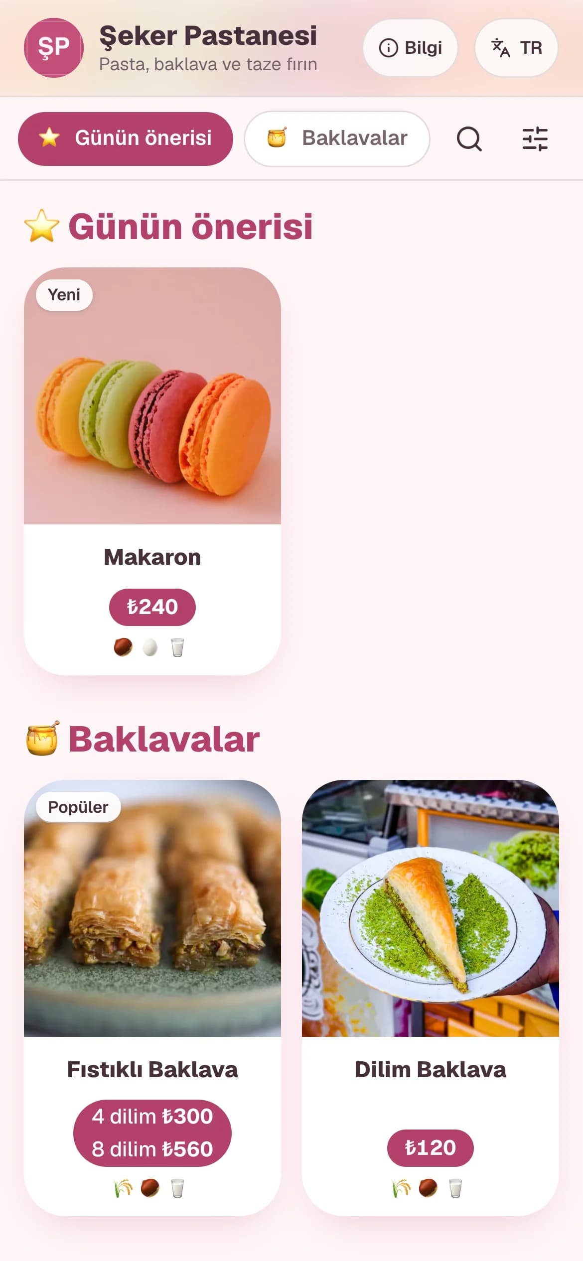Pastane temasıyla örnek QR menü ekranı