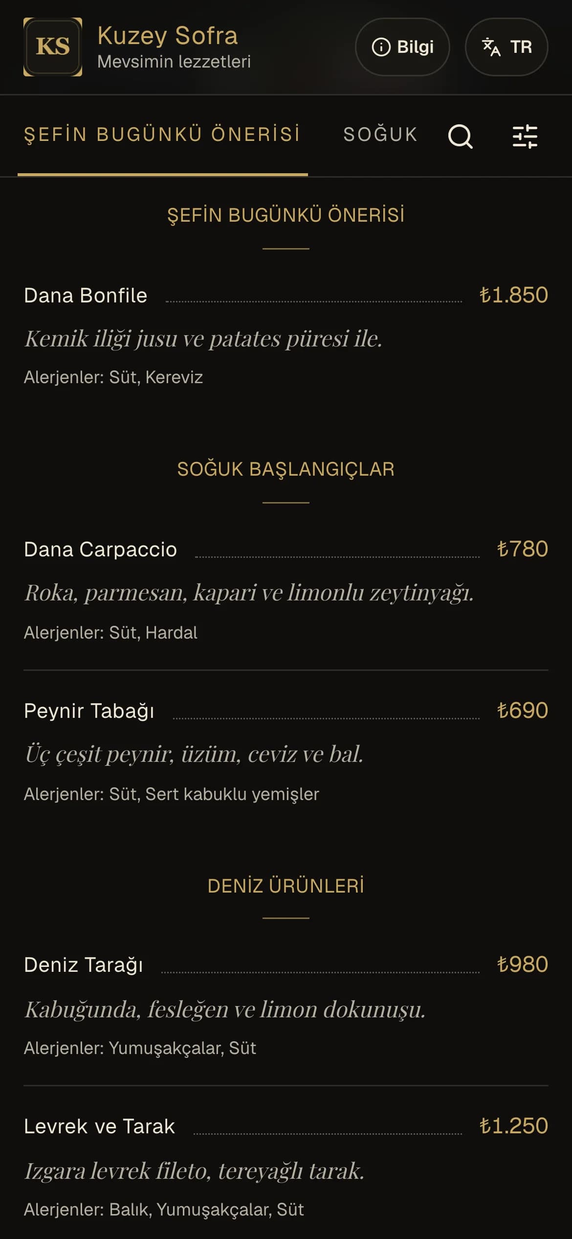 Şık Restoran temasıyla örnek QR menü ekranı